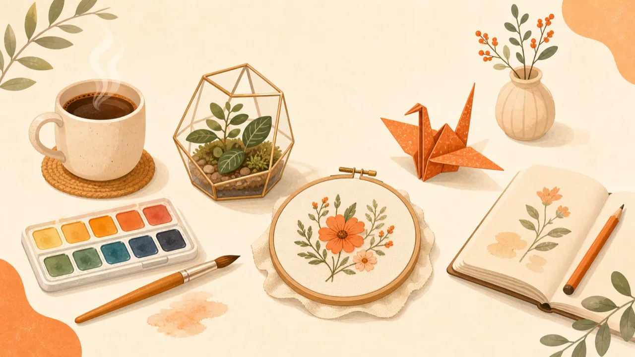 コーヒー・水彩・観葉植物・刺繍・折り紙・スケッチなど、いろいろな趣味の道具を並べたイラスト